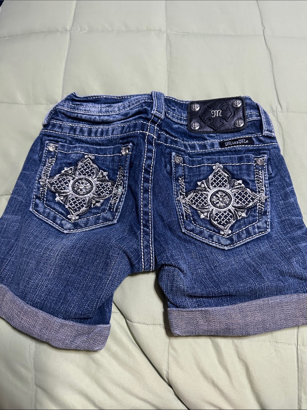 Miss Me Dark Blue Embroidered Cuffed Denim Shorts